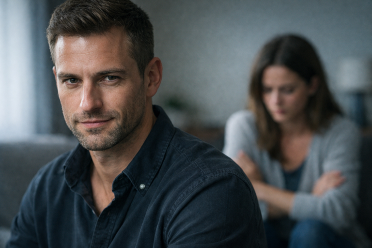 Uomo con espressione fredda in primo piano e donna emotivamente chiusa sullo sfondo, rappresentazione dei segnali del sociopatico nelle relazioni