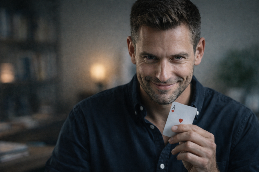 Uomo con espressione controllata e atteggiamento manipolativo, rappresentazione visiva del significato di sociopatico nelle relazioni
