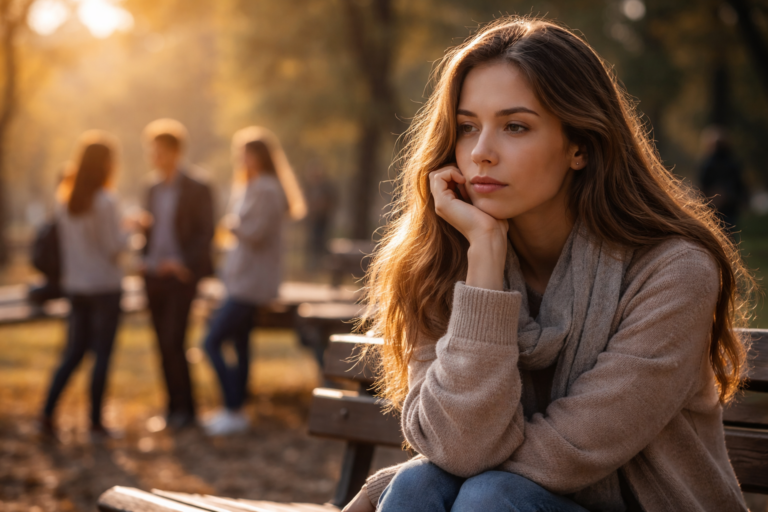 Donna sola su una panchina al parco, circondata da persone sullo sfondo, espressione pensierosa e distaccata, immagine sulla solitudine interiore e il sentirsi soli in mezzo agli altri