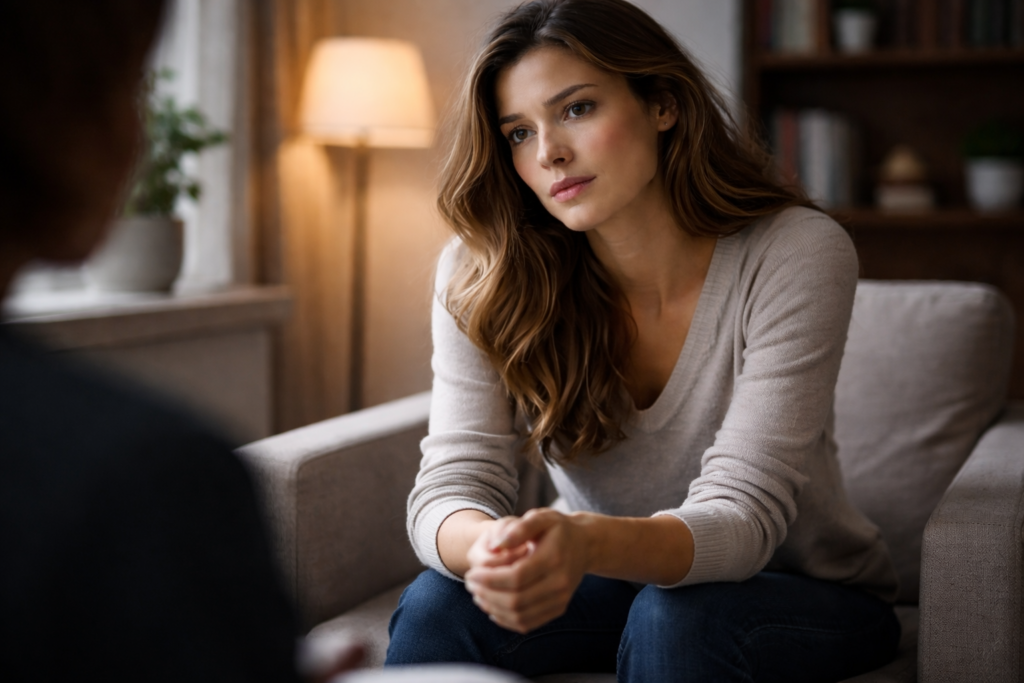 Donna in seduta psicoterapeutica con espressione di ascolto attivo e apertura, immagine sulla disforia e sul trattamento psicodinamico