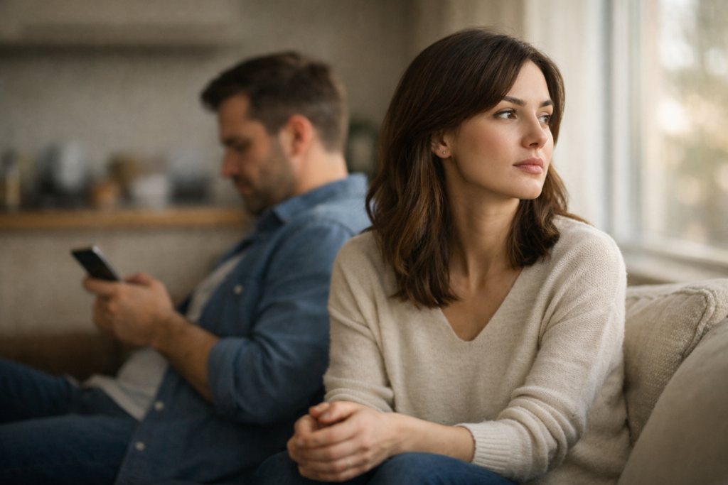 Donna seduta accanto al partner in casa, sguardo distante e senso di solitudine emotiva dentro una relazione apparentemente presente