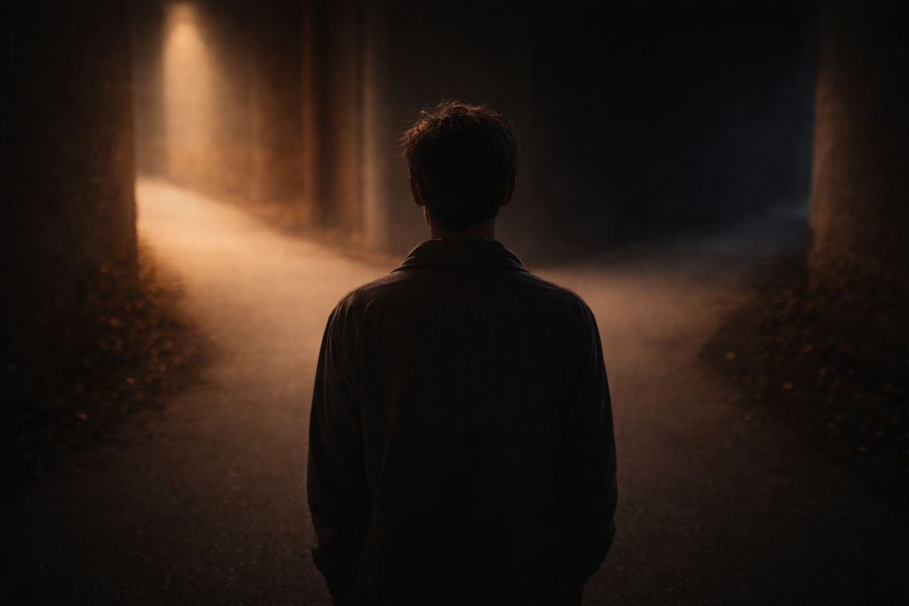 Figura umana di spalle ferma a un bivio in un corridoio buio con luce che diverge in due direzioni, immagine simbolica dell’inconscio