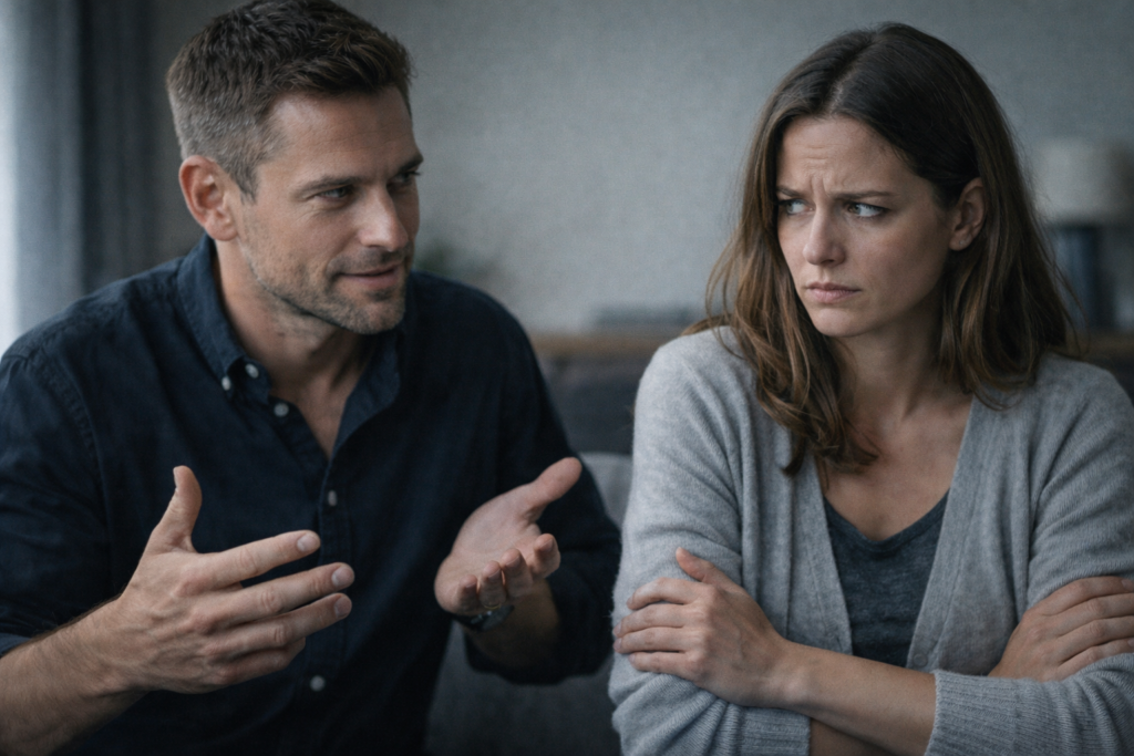 Uomo e donna in interazione tesa, con segnali di manipolazione e controllo emotivo, rappresentazione di come riconoscere un sociopatico nelle relazioni