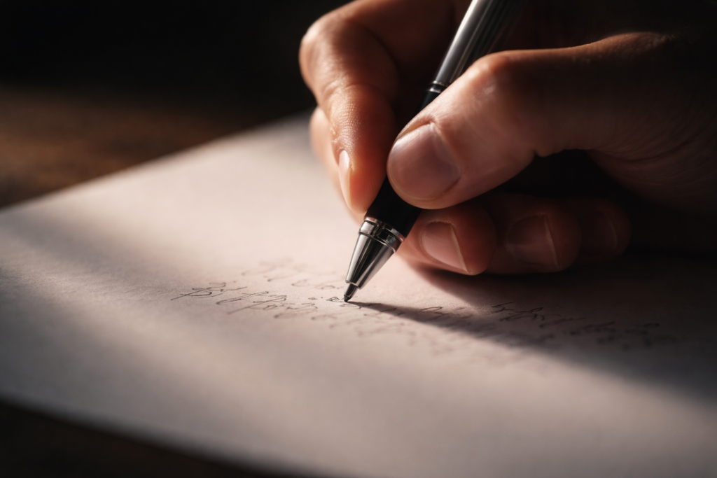 Mano che scrive in modo automatico su un foglio bianco con luce laterale, immagine simbolica dell’inconscio
