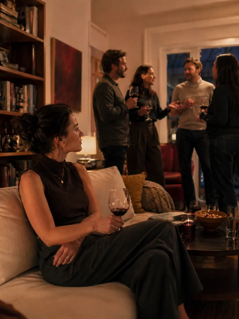 Introversi in un contesto sociale: una persona riservata osserva una festa mentre il gruppo conversa sullo sfondo