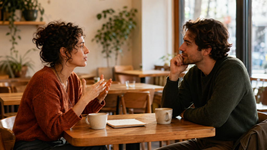 Introversi in una conversazione profonda in un caffè tranquillo: immagine che mostra relazioni autentiche oltre timidezza e asocialità