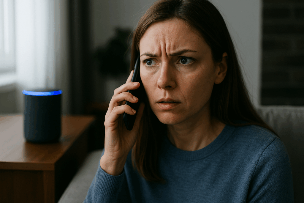Donna preoccupata controlla il telefono per paura di essere spiata