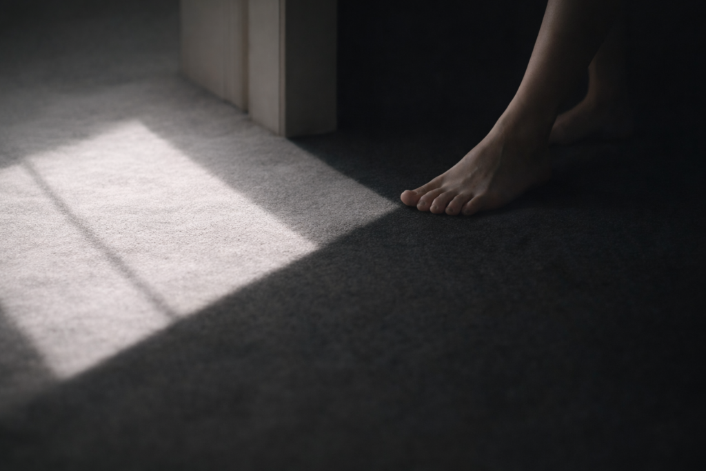 Piede nudo che attraversa una soglia tra luce e ombra, simbolo del confine psicologico tra feticismo come variante del desiderio e disturbo feticistico clinicamente rilevante.