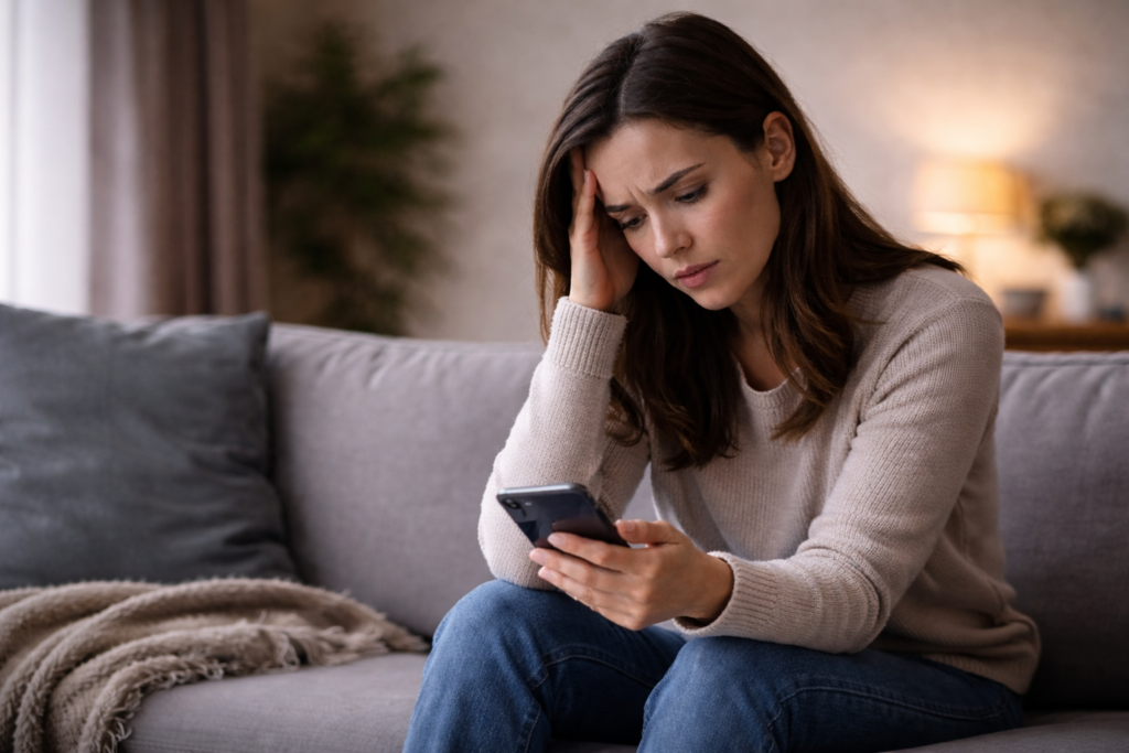 Donna seduta sul divano osserva il telefono con espressione di ansia e confusione emotiva, rappresentazione del vissuto psicologico dell&rsquo;hoovering dopo una relazione tossica.