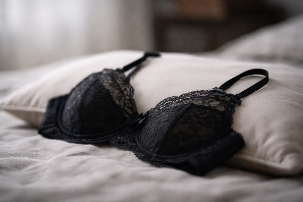 Reggiseno in pizzo nero appoggiato su un cuscino, rappresentazione simbolica del feticismo legato agli oggetti e alla sensualità