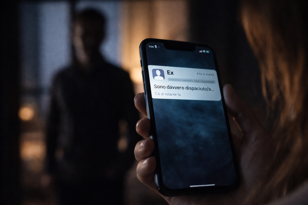 Persona che guarda un messaggio improvviso dell’ex sullo smartphone, simbolo dei segnali di hoovering e del tentativo di riaggancio emotivo