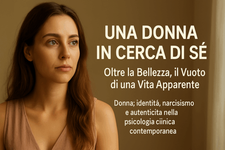 Donna in cerca di sé in un percorso psicologico: ritratto realistico che simboleggia identità, narcisismo e autenticità femminile