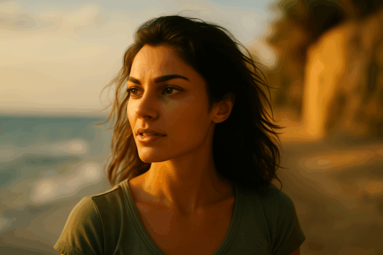 Donna mediterranea guarda l’orizzonte al tramonto su una spiaggia, simbolo del desiderio come forza interiore e ricerca identitaria