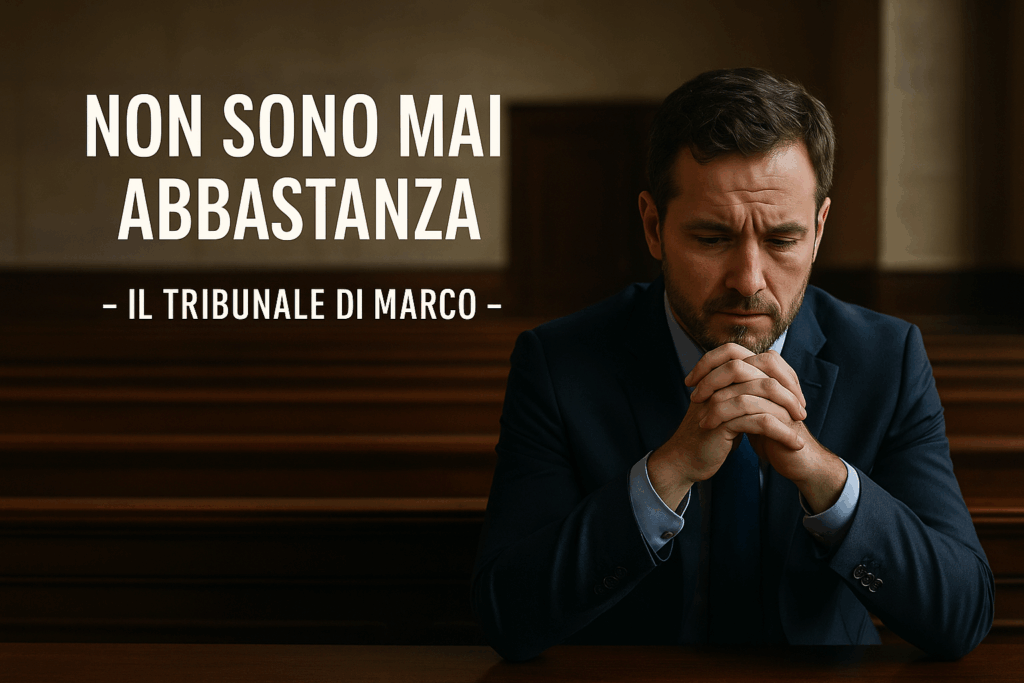 Marco seduto in tribunale, volto teso e mani intrecciate, simbolo del suo giudizio interiore.
