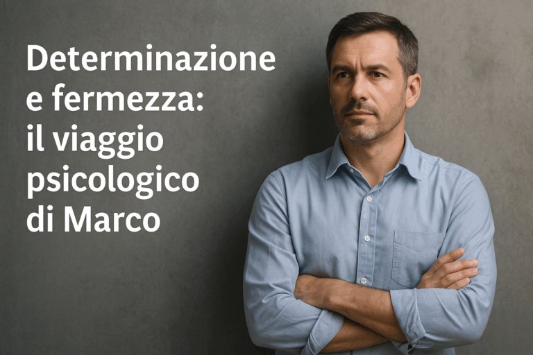 Uomo di mezza età con espressione determinata accanto al titolo “Determinazione e fermezza: il viaggio psicologico di Marco