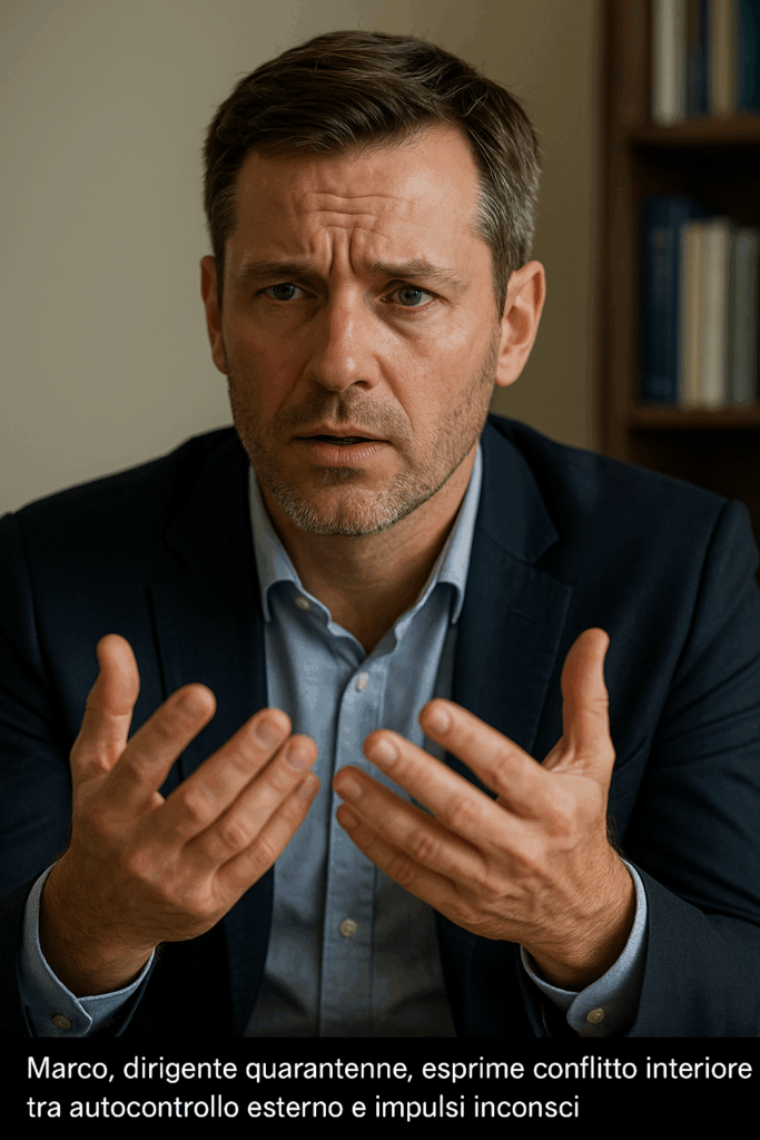 Marco, dirigente quarantenne, in seduta terapeutica, mostra conflitto interiore tra autocontrollo esterno e impulsi inconsci.