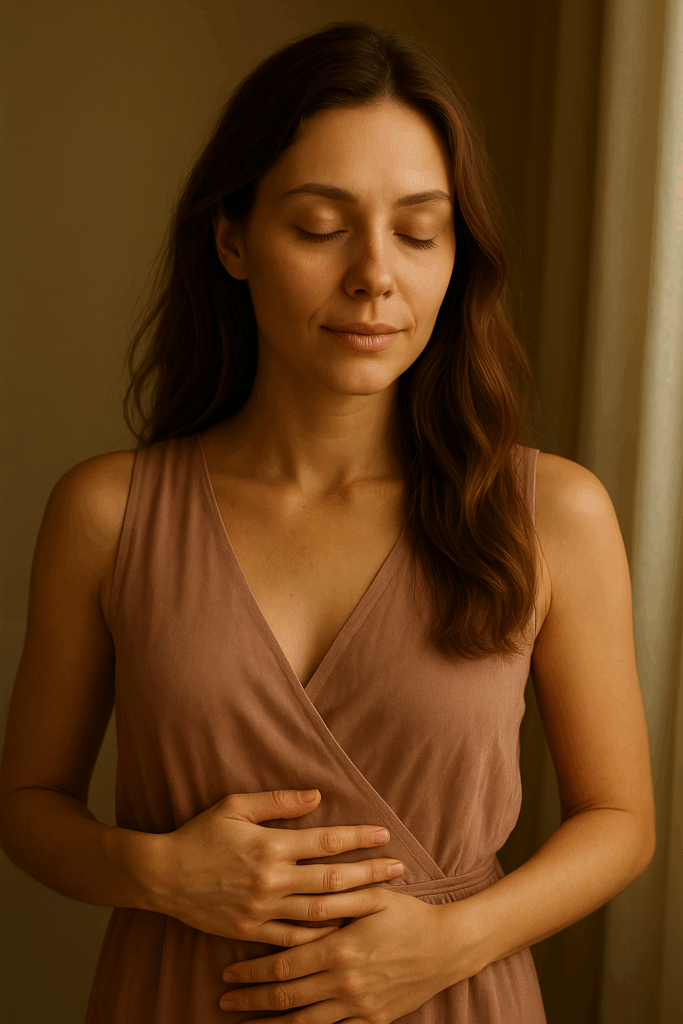 Donna in meditazione con occhi chiusi, simbolo di riconnessione corporea e autenticità femminile
