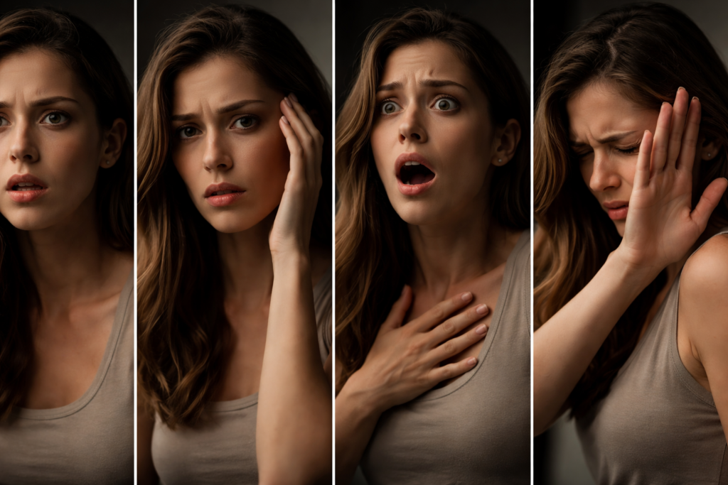 Quattro espressioni della stessa donna a confronto tra paura, ansia, panico e fobia