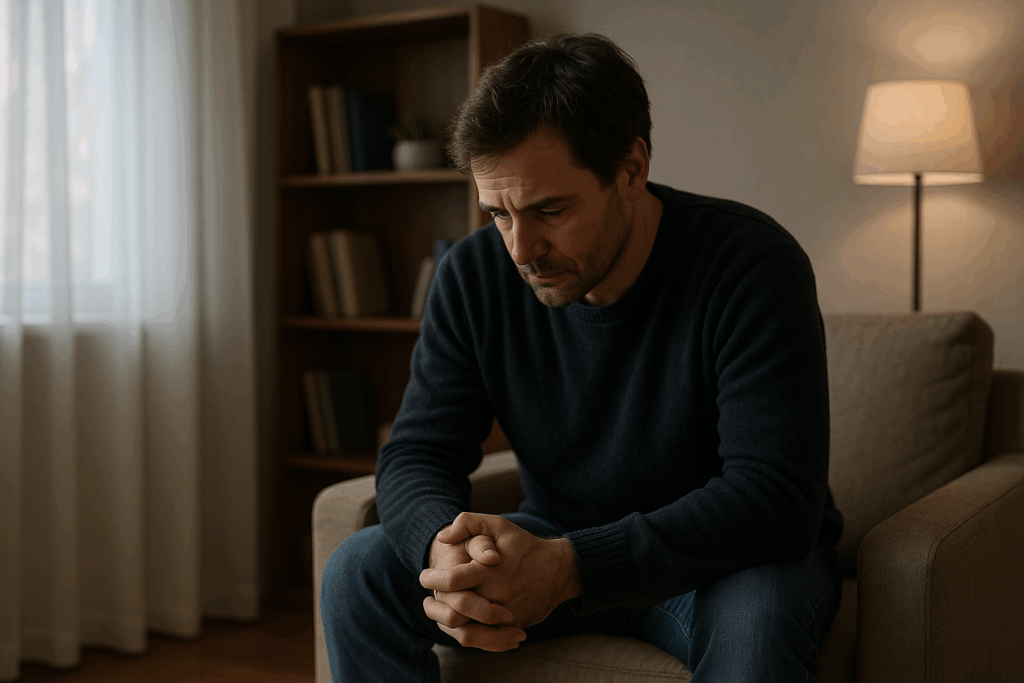 Uomo in terapia, seduto con mani intrecciate e sguardo basso, simbolo del desiderio come inquietudine vitale e motore di trasformazione interiore.