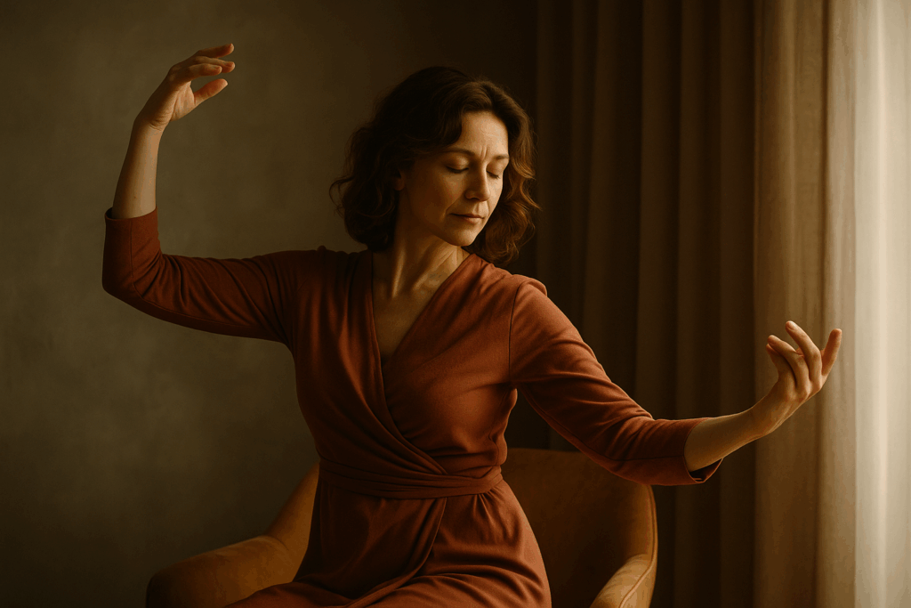 Donna che danza in una stanza calda e serena, occhi chiusi, espressione calma, simbolo del desiderio come via di individuazione e libertà interiore.