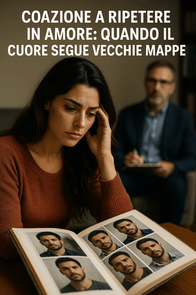 Donna mediterranea osserva fotografie di ex partner: rappresentazione simbolica della coazione a ripetere in amore.