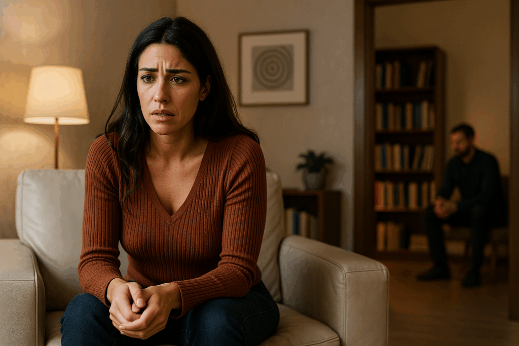 Donna mediterranea pensierosa in seduta terapeutica, simbolo di coazione a ripetere relazionale