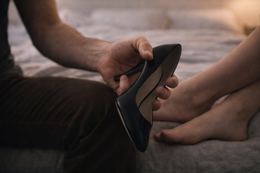 Relazione simbolica nel feticismo: mano che tiene una scarpa mentre il piede nudo è appoggiato, rappresentazione del desiderio feticistico