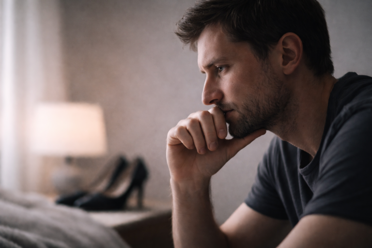 Uomo adulto in atteggiamento riflessivo che rappresenta il vissuto psicologico e identitario del feticista, tra desiderio, consapevolezza di sé e introspezione