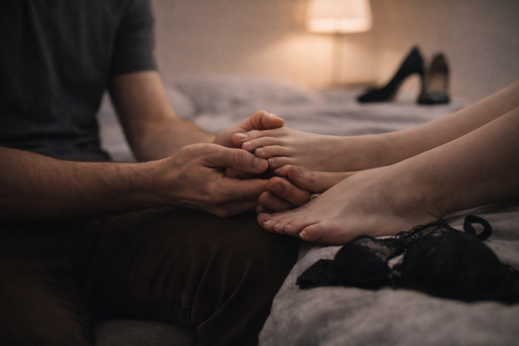 Mani che accolgono delicatamente un piede adulto, simbolo della struttura affettiva del desiderio feticistico e del legame emotivo
