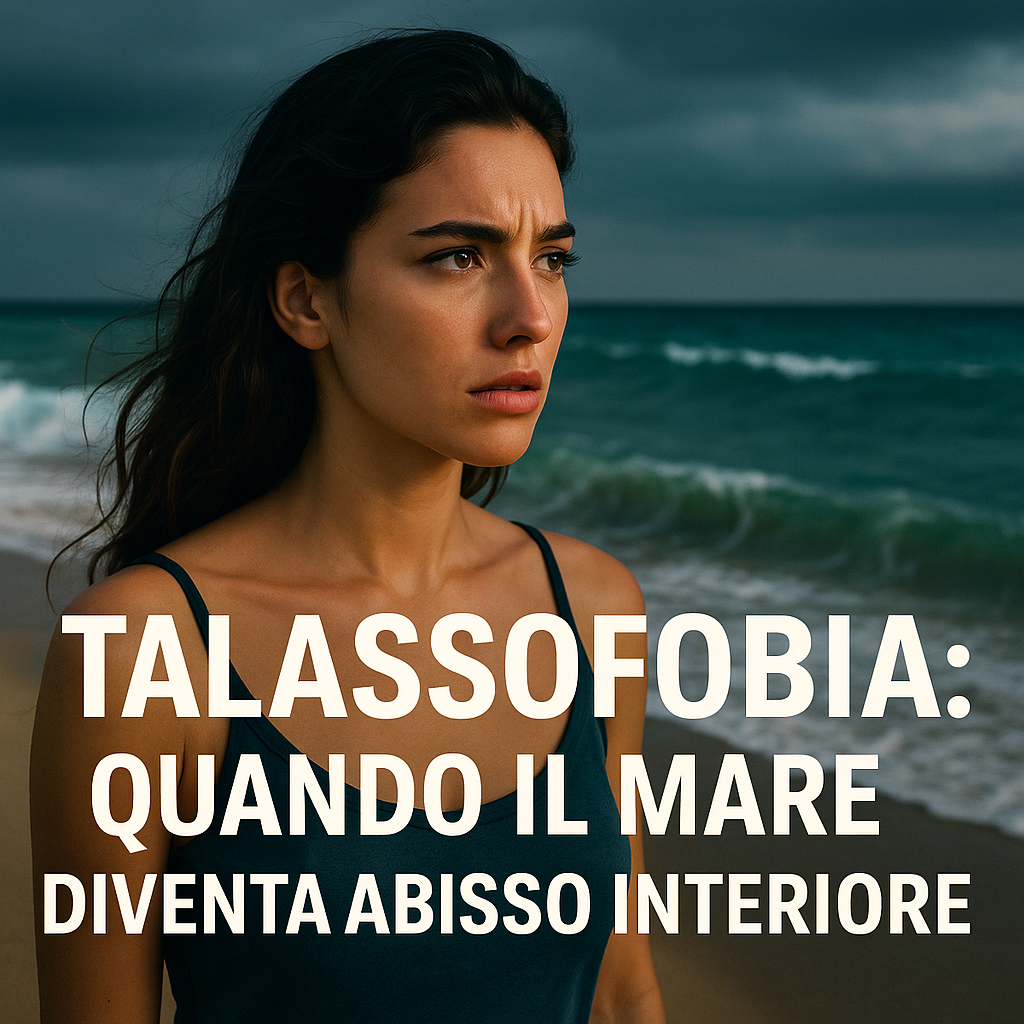 Donna mediterranea con espressione intensa guarda il mare agitato, simbolo della talassofobia.