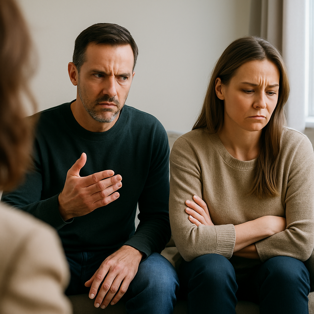 Seduta di terapia di coppia con tensione emotiva e linguaggio non verbale, resistenze e identificazioni psichiche