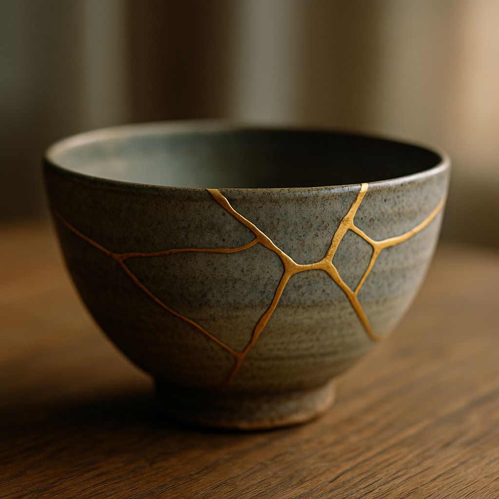 Vaso giapponese kintsugi come simbolo della trasformazione del sequestro emozionale in resilienza psichica