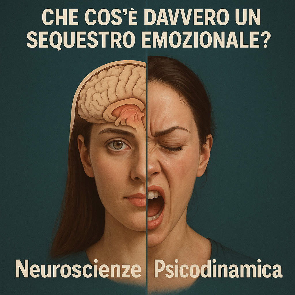 volto femminile diviso in due: lato sinistro calmo con cervello visibile per spiegare la neurobiologia del sequestro emozionale, lato destro emotivamente alterato per illustrare la prospettiva psicodinamica


