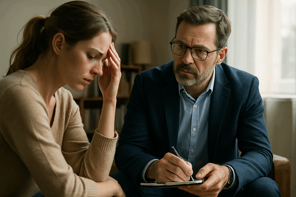 Seduta di psicoterapia: terapeuta uomo con espressione empatica e paziente donna visibilmente provata, simbolo del trattamento psicodinamico del sequestro emozionale