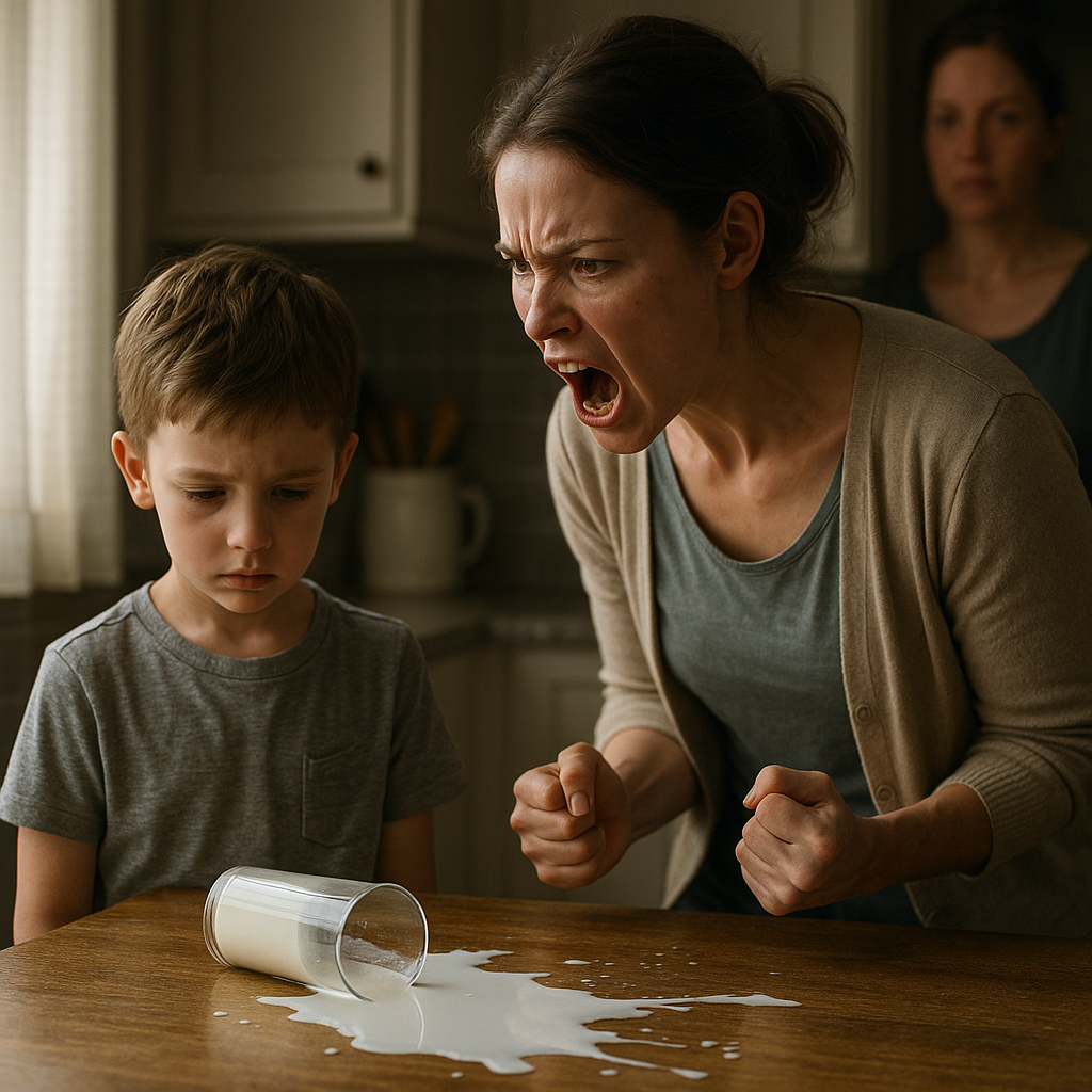 Madre che urla al figlio dopo aver rovesciato il latte in cucina: sequestro emozionale e blackout psichico materno