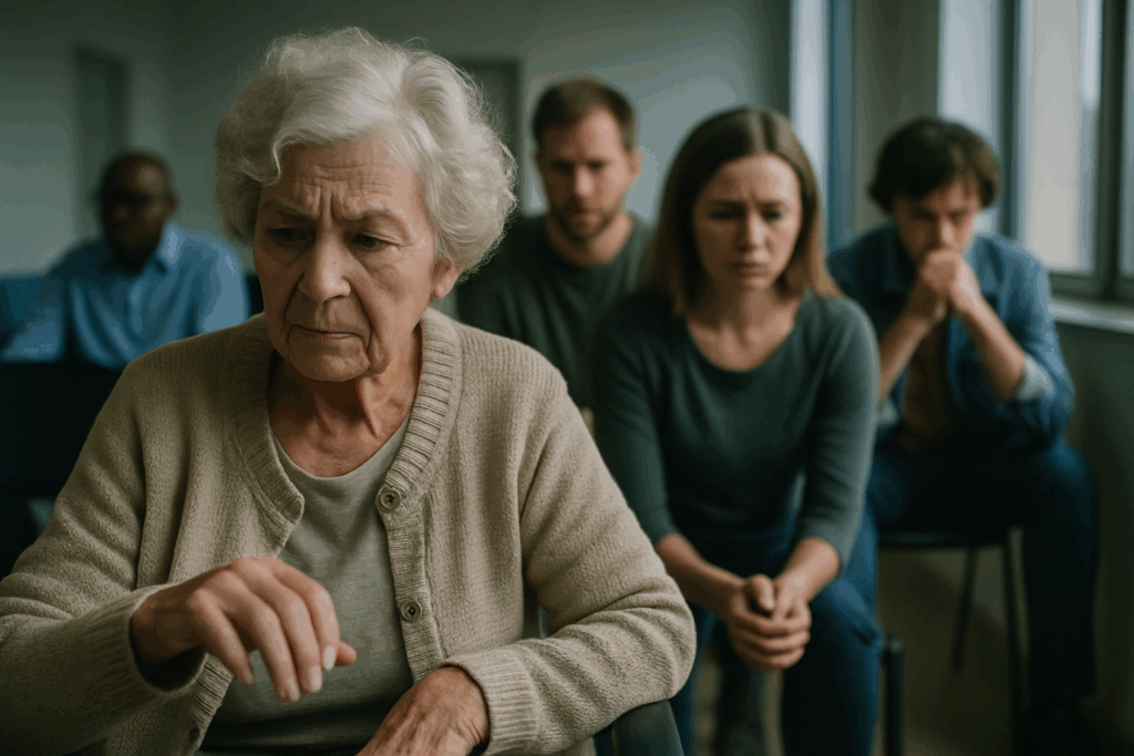 Sala d’attesa ospedaliera con cinque persone sedute, visibilmente tese e ansiose, che mostrano microespressioni e gesti nervosi, esempio di suggestione collettiva inconscia