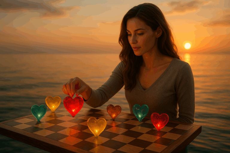 "Donna affascinante contempla il mare come metafora freudiana del piazzare affetti e della ricerca di armonia interiore."