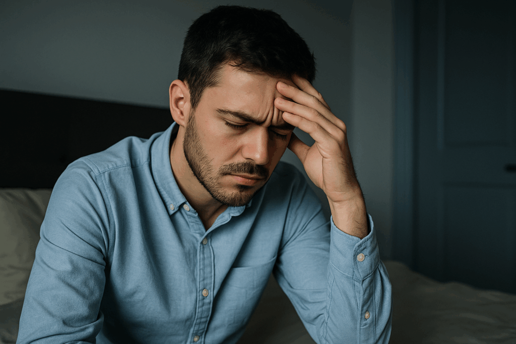 Uomo con ansia da perfezionismo e ruminazione mentale seduto pensieroso sul letto.