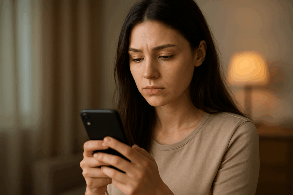 Donna giovane assorta nello scrolling compulsivo su Instagram, simbolo del piacere evanescente digitale