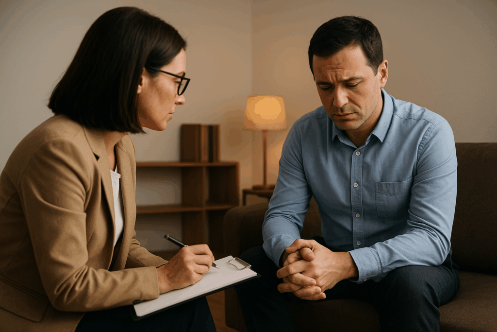 Uomo trentacinquenne seduto in terapia con espressione preoccupata mentre parla con la psicoterapeuta, simbolo del consumismo emotivo e delle difficoltà emotive sottostanti.