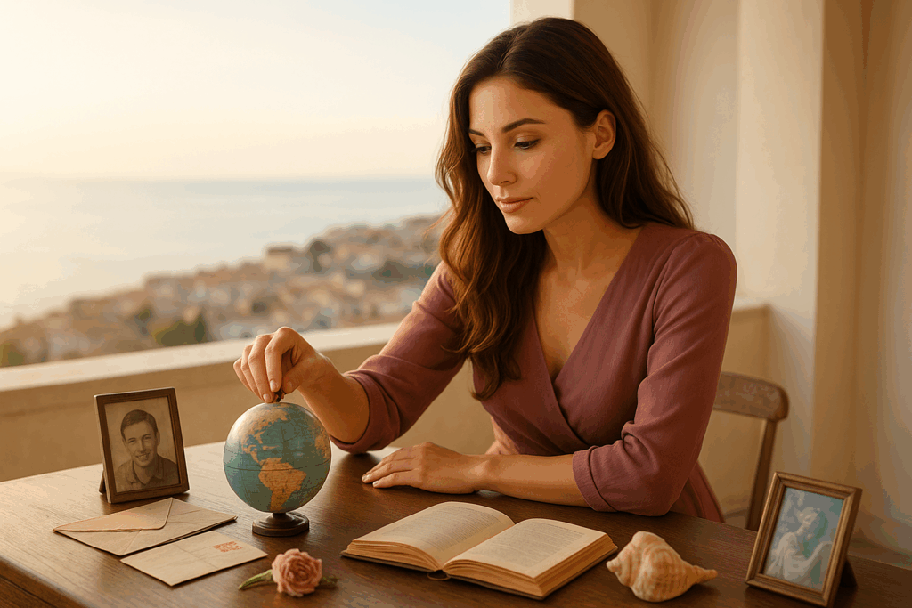 "Donna riflessiva sposta i propri affetti su un mappamondo, circondata da ricordi, libri e foto, simbolo della trasformazione emotiva e dell’armonia interiore."