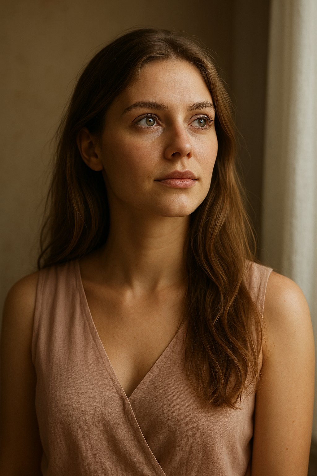 giovane donna con capelli castani mossi, carnagione chiara e occhi verde-azzurri, illuminata da luce naturale calda. L’immagine rappresenta simbolicamente la femminilità come ricerca di autenticità e introspezione psicodinamica