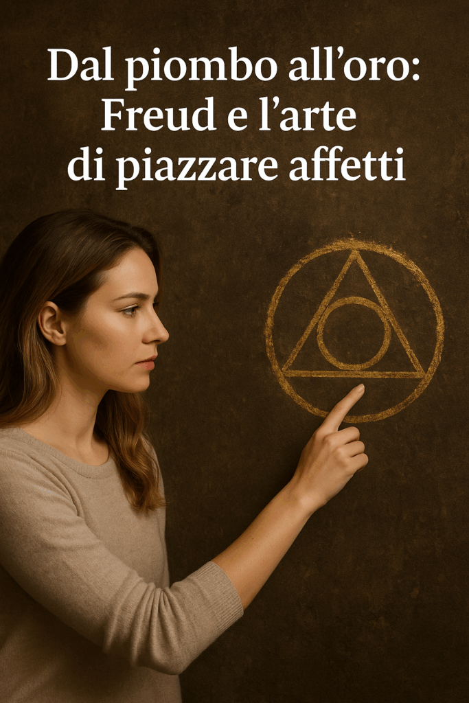 "Donna riflessiva osserva un crogiolo alchemico che si trasforma da piombo in oro, simbolo del processo freudiano di piazzare affetti e raggiungere armonia interiore."