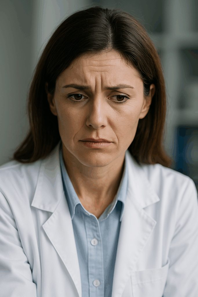 Donna medico preoccupata, simbolo di perfezionismo e sindrome dell’impostore