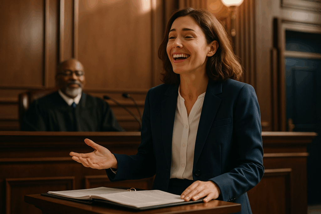 Avvocata sorridente in tribunale rappresenta la libertà dal perfezionismo patologico e la fiducia flessibile dopo la terapia.