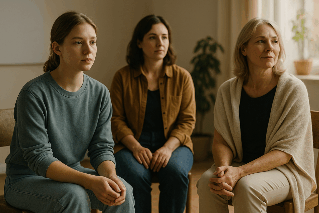 Tre donne sedute insieme in uno spazio intimo, rappresentazione della resilienza dopo il victim blaming