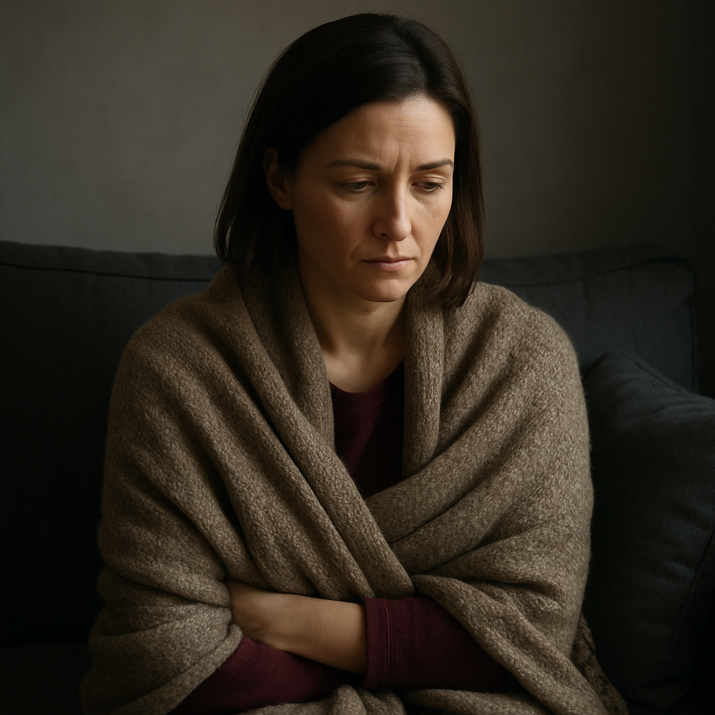 Donna di mezza età avvolta in uno scialle pesante, metafora del silenzio tramandato tra generazioni