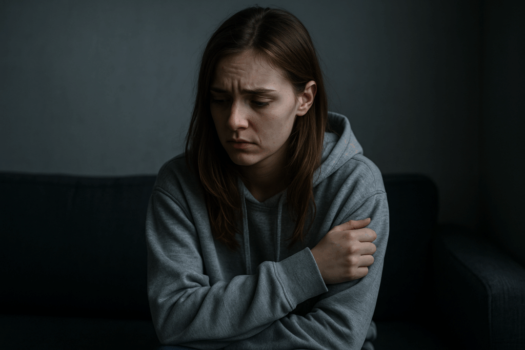Donna giovane in posizione protettiva, seduta su un divano con sguardo basso, segno del victim blaming interiorizzato