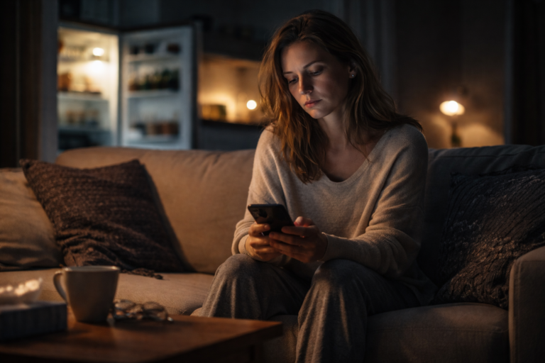 Donna seduta sul divano di notte che guarda il telefono, illuminata dalla luce fredda dello schermo, simbolo di vuoto emotivo e disconnessione interiore.
