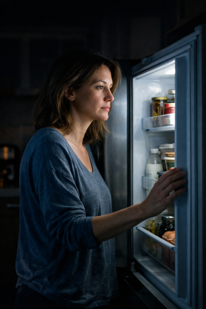 Donna adulta in cucina di notte davanti a un frigorifero aperto, illuminata dalla luce fredda, espressione assente e senso di vuoto emotivo.